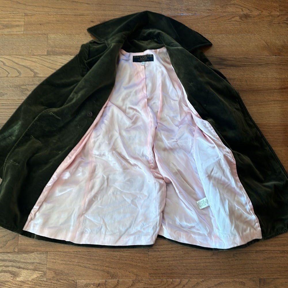 Beautiful Y2K Jewel Tone Green Soft Velvet Women's Tie Trench Belted Coat XS P - Picture 5 of 6